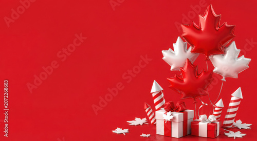 Happy Canada day decoration background with balloon firework maple leaves gift box copy space text, 3d rendering illustration