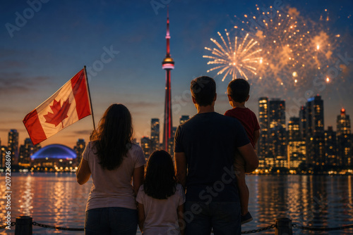 Family enjoys fireworks, waving Canadian flag on Canada Day.