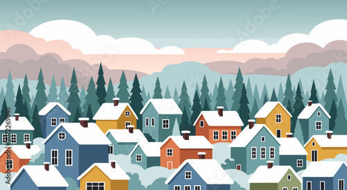 Konstfotografi Cozy Winter Village Houses Illustration Vector Design Featuring Snow Covered Cot