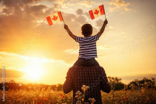 Adorable Caucasian Boy on Father's Shoulders Holding Canadian Flags at Sunset