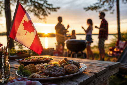 Sunset BBQ scene with Canadian flag, people celebrating outdoors