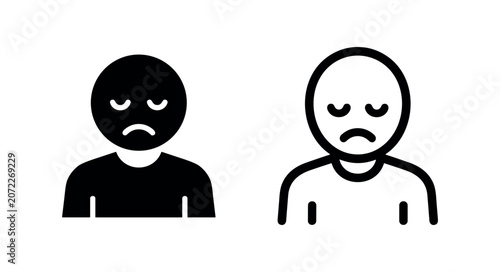 Photos Sad man icon, a male character with a gloomy expression symbolizing unhappiness or depression in solid and outline styles