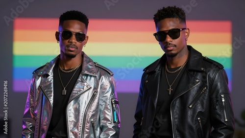 Two Serious Black Men in Jackets with Sunglasses and Projected LGBTQ Pride Flag Background