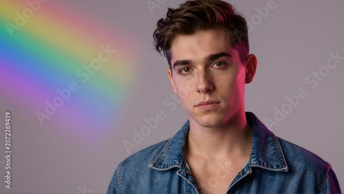Handsome White Man Mid Body Portrait with LGBTQ Pride Flag Projected on Wall