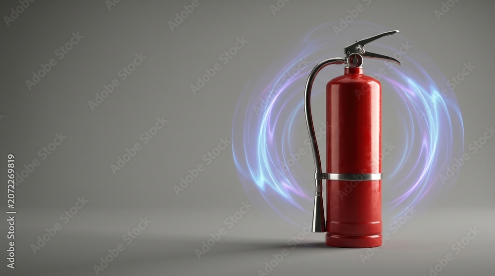 Obraz premium Red fire extinguisher with glowing energy light waves graphic for emergency safety concept. copy space