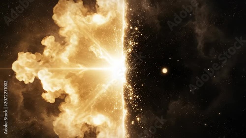 Cosmic explosion of golden light in deep space. Divine energy shockwave separating light from darkness. Big bang and creation concept