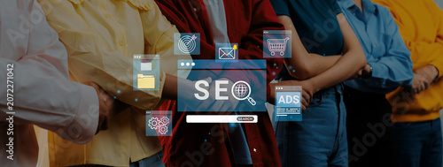 Tableau sur toile Diverse Group of People Showing Digital Marketing Concepts with SEO Symbols, Illustrations, and Tools for Online Growth Strategies in a Collaborative Environment