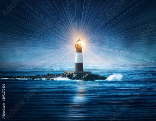 abstract digital lighthouse guiding light dark ocean background