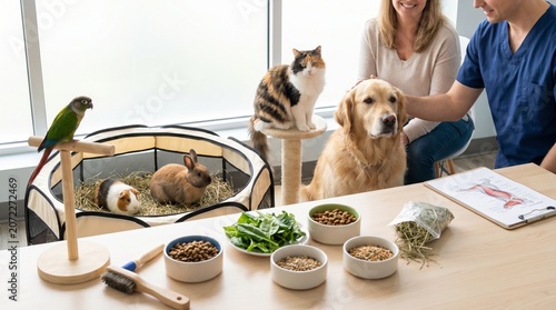 Family with pets enjoying time together at home with food supplies  