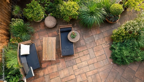 top down view of outdoor patio furniture and plants