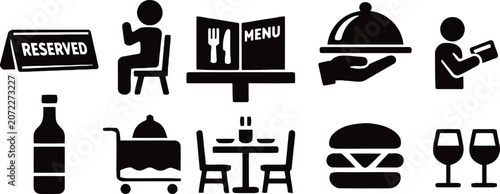 Silhouette restaurant icons set black on white background