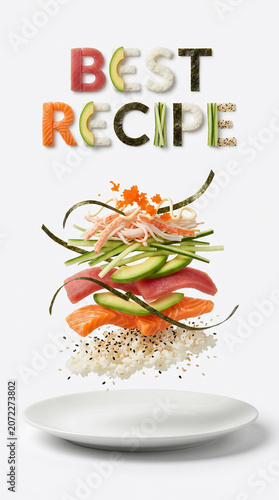 Levitating multi layered Sushi and BEST RECIPE text made of organic ingredients above a plate, conceptual food photography on white background