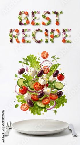 Levitating multi layered Caesar Salad and BEST RECIPE text made of organic ingredients above a plate, conceptual food photography on white background