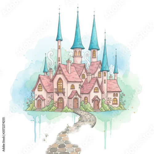Whimsical watercolor village featuring pink cottages and blue spires along a winding cobblestone path against a white background concept of fairytale magic