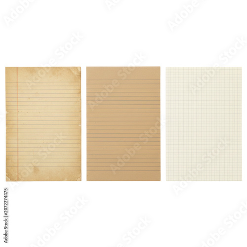 Three vertical notebooks with yellowed, kraft, and grid paper arranged in a professional flat lay on a transparent surface with an organized academic atmosphere