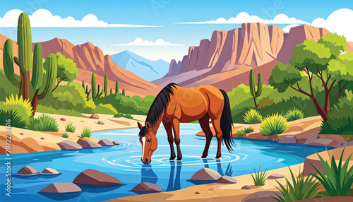 Brown Horse Drinking from River Water.