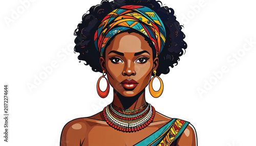 African woman with colorful headwrap jewelry.