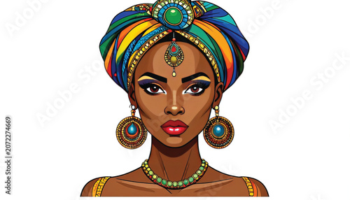 African woman with colorful headwrap jewelry.