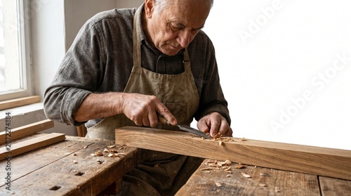 Traditional Woodcraft Process with Skilled Artisan Hand Carving Natural Wood on White Background