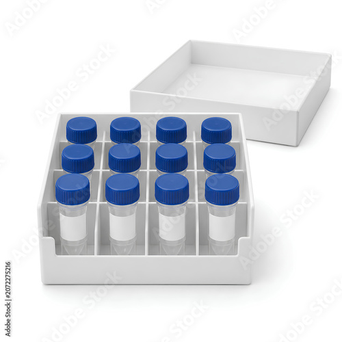 Twelve cryovials in white biobank storage box