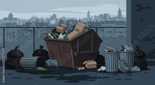 Canvastavla Urban waste management dumpsters overflowing with garbage in a detailed flat ill