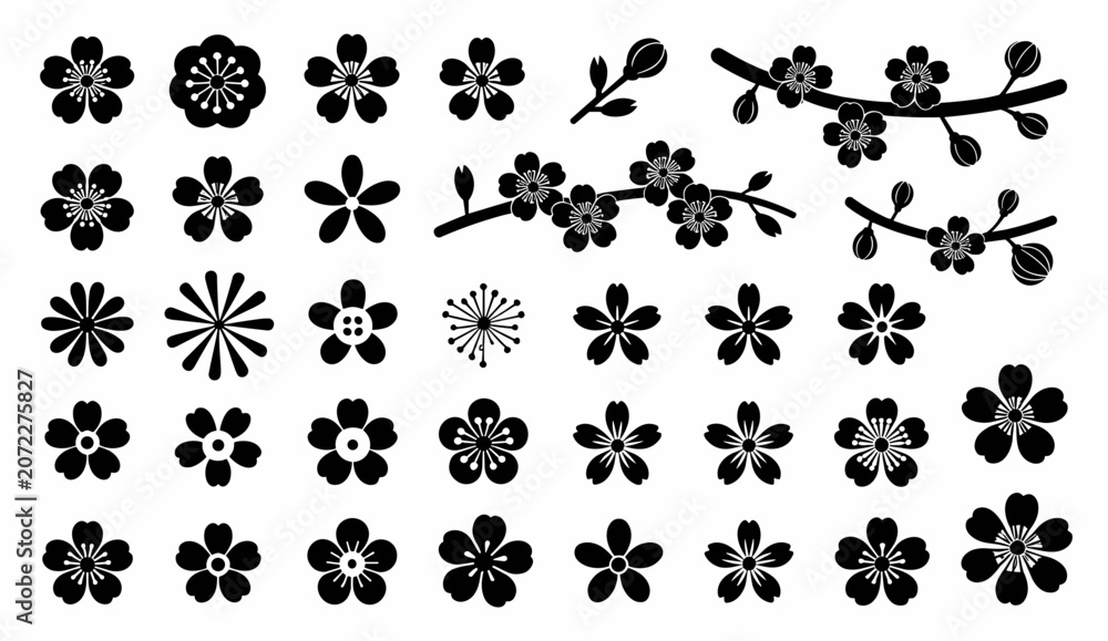 Fototapeta premium Cherry Blossom Silhouettes: A collection of stylized black and white cherry blossom flowers and branches, perfect for graphic design and artistic applications.
