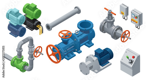Fényképezés Industrial equipment and machinery components isometric illustration vector desi