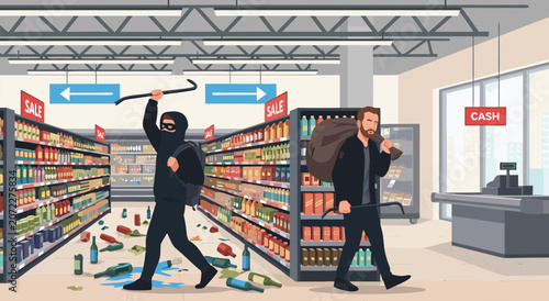 Foto Thieves Robbing Supermarket Store Flat Illustration Vector Design 18