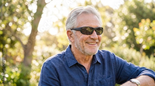 Smiling senior man wearing sunglasses and hearing aid outdoors. Elderly male enjoying sunny day with uv protection eyewear