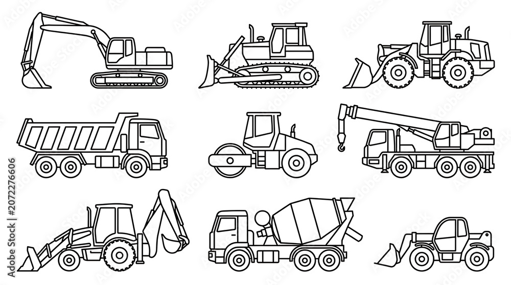 Obraz premium Black and white construction machinery silhouettes aligned in rows flat vector style 