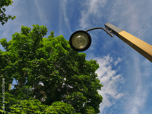Modern bubble street lamp rises against a beautiful clear calm blue cloudy sky and green leaves of trees. Nature portrait in different angles in the park city street