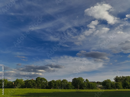 Green field and blue sky with beautiful fluffy clouds in sun summer day. Natural nature panorama cloudscape bright background