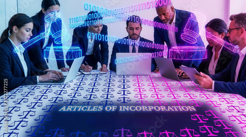Corporate Legal Counsel and Strategic Advisors Collaborating on Digital Governance Frameworks for Artificial Intelligence Entity Incorporation, Featuring Futuristic Law Overlays, Binary Data Streams,