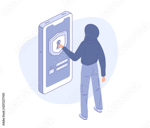 Person in dark clothes trying to hack phone password. Cyber threat banner, security alert poster, fraud prevention
