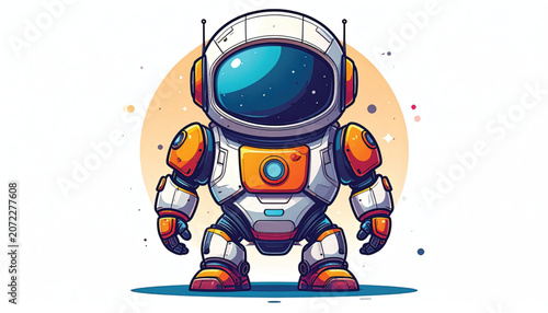 Cartoon astronaut in colorful spacesuit standing.