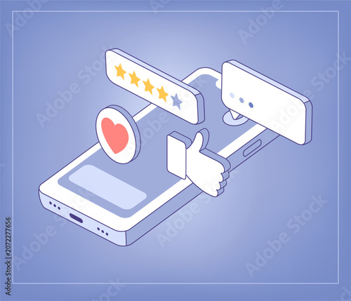 Isometric phone packed with social media. Messages glowing on screen. App mockups, digital marketing banners, or UI concept art