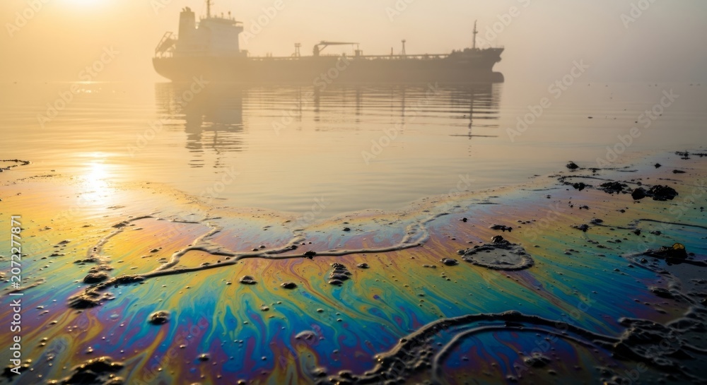 Naklejka premium Vibrant oil slick on calm water with tanker silhouette at sunset, environmental disaster symbolism