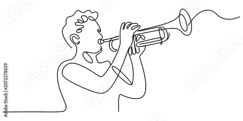 Photography A single continuous line drawing of a musician playing a trumpet instrument with