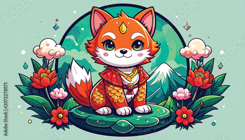 Cartoon Fox with Orange Fur Sitting.