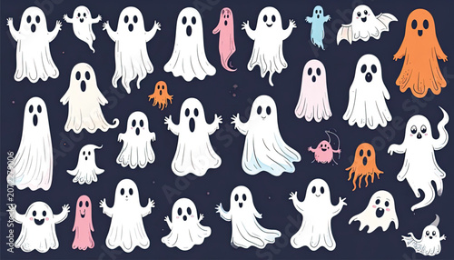 Cartoon ghosts in various poses and colors.