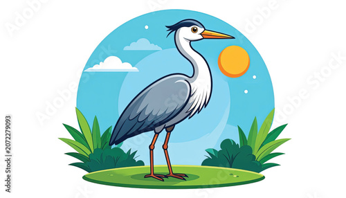 Cartoon Heron Bird Standing Alone.