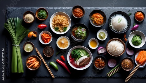 an overhead view of asian cuisine ingredients arranged artistically on a stone surfac jpg