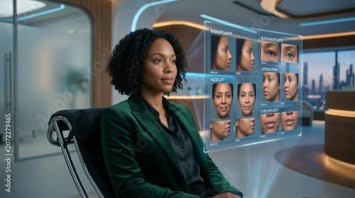 Woman looking at futuristic holographic interface with before after cosmetic procedures results, modern cosmetology clinic concept