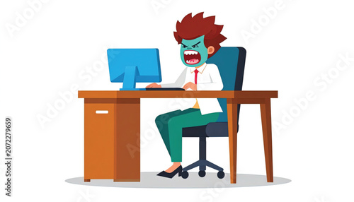 Cartoon man sitting at desk.