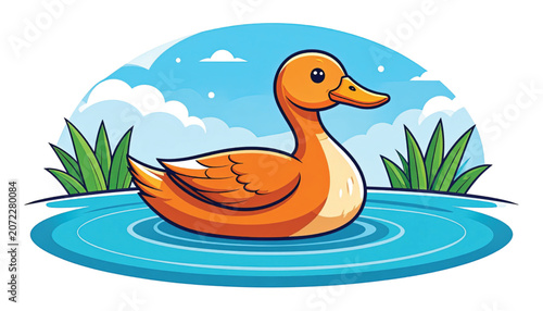Cartoon orange duck in water.