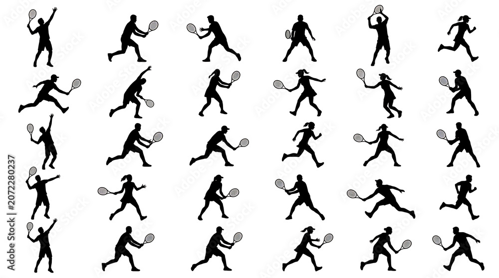 Fototapeta premium Black and White Tennis Player Silhouettes Collection Flat Vector Sports Action Set
