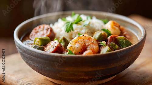 Steaming Bowl of Louisiana Shrimp Gumbo with Okra and Rice