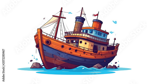 A cartoon orange and blue ship.