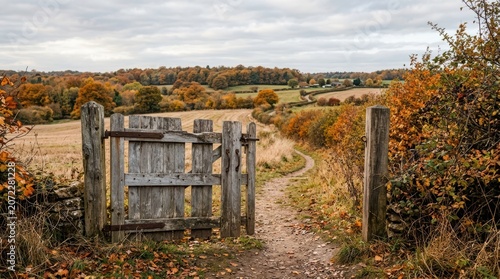 Old wooden gate leading to a rural path through autumn fields. Countryside landscape with colorful foliage and trees. Scenic nature view for adventure, travel and peaceful living concept.