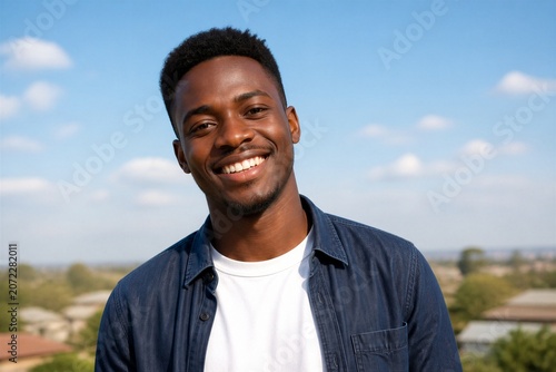 Young man smiling outdoors with sky and distant landscape